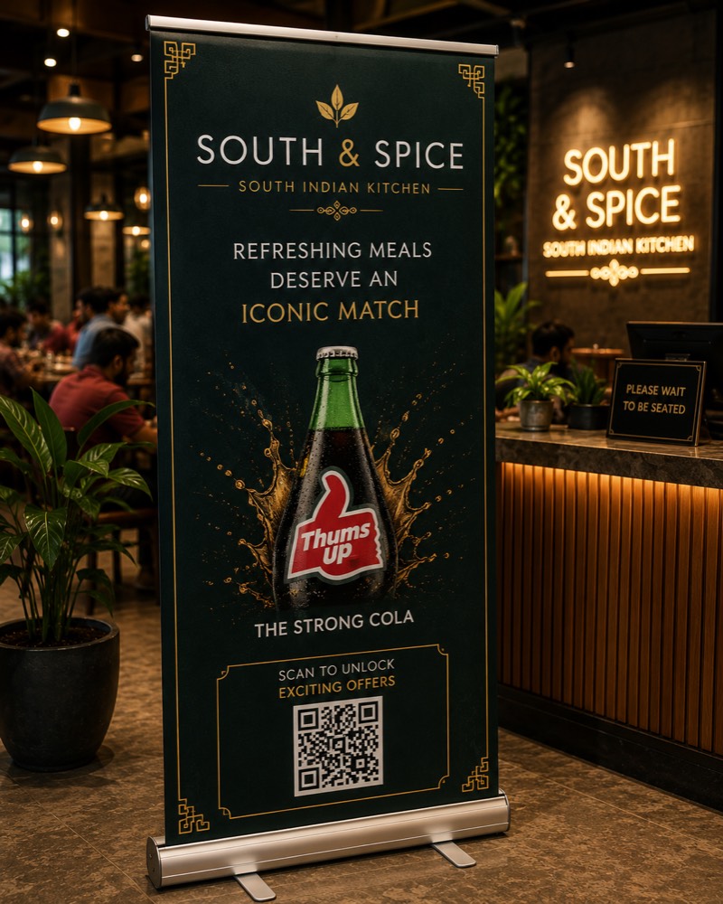 Concept mock-up: a roll-up standee beside a restaurant billing counter, featuring a cola bottle and a QR code for offers.