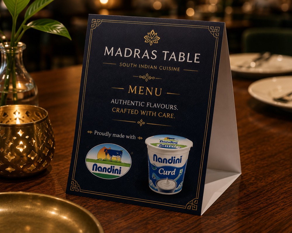 Concept mock-up: a folded table tent on a dining table, carrying a dairy brand's logo under the venue's menu heading.